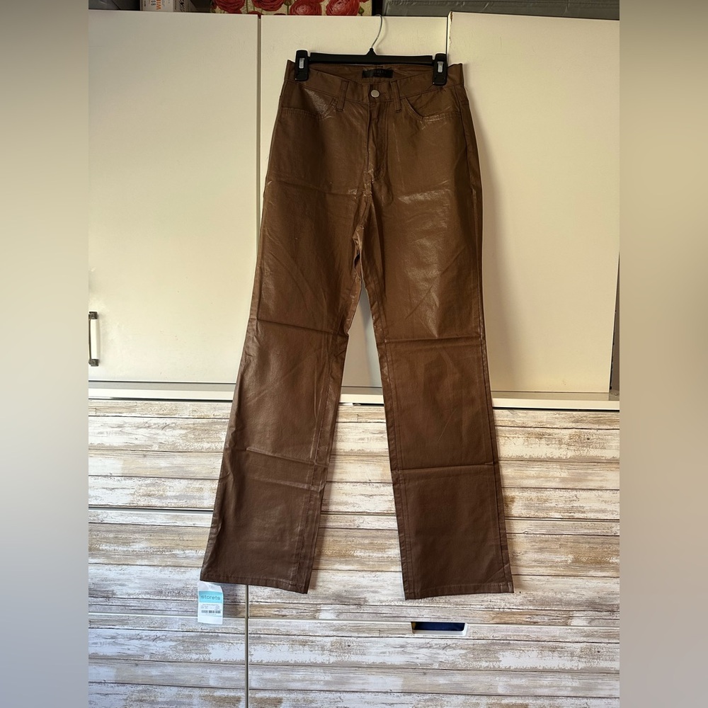 🤎 Storets Brown Coated Cotton Straight Leg Pants S/M NWT Satin Finish